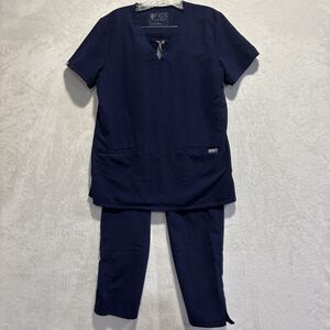 Figs Casma Three Pocket Scrub Top & Yola Skinny Scrub Pants Set Small Navy Blue